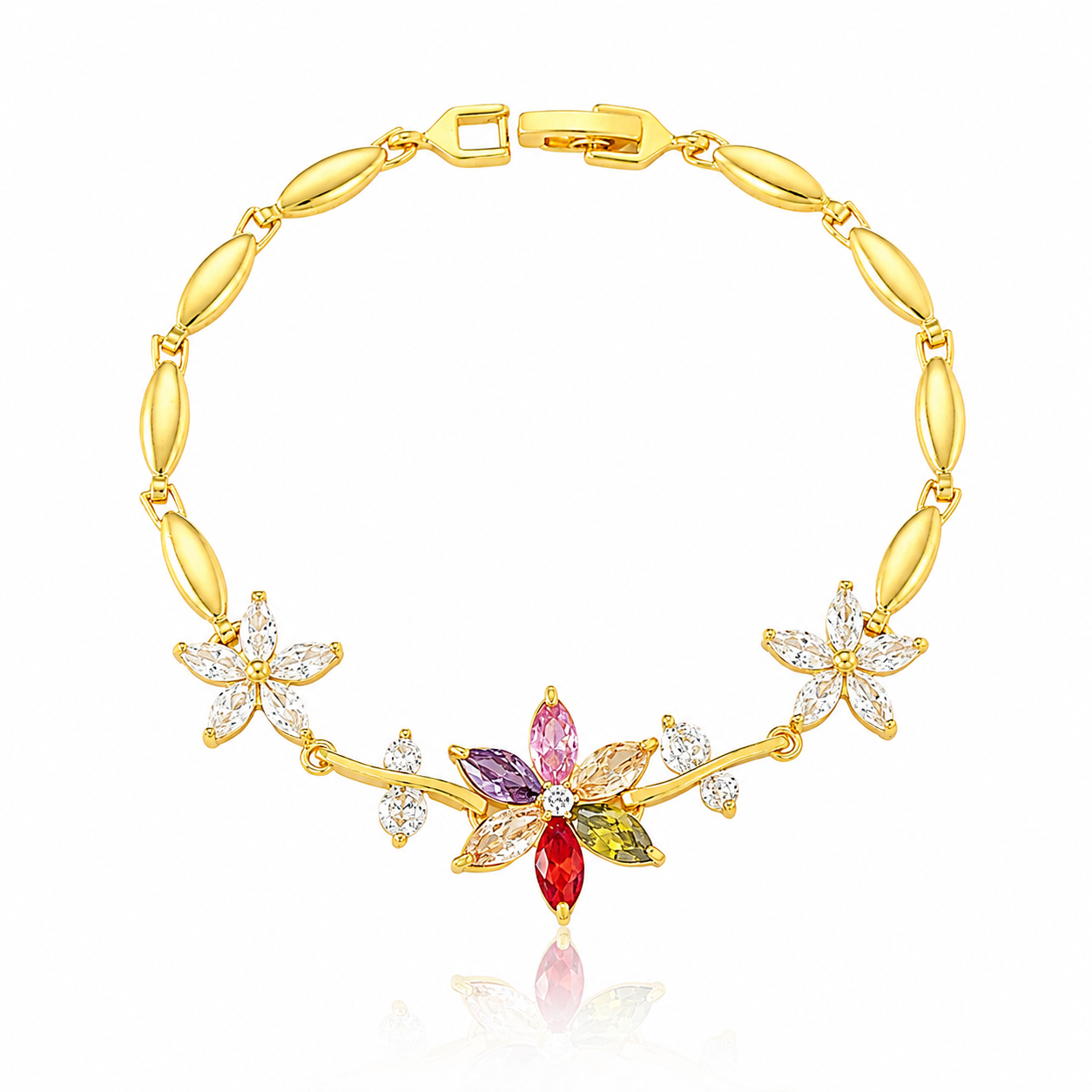 18K gold-plated floral bracelet with multicolor Zircon stones on a white background