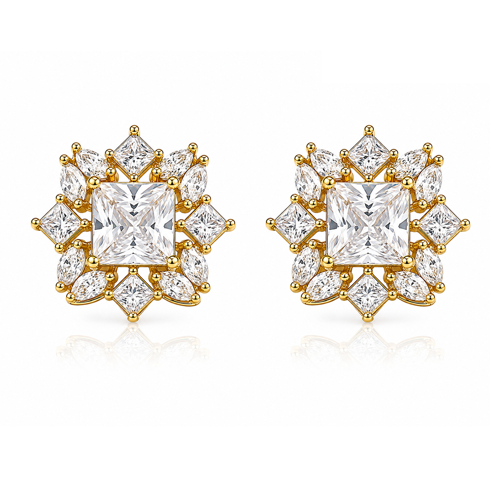 Rotating sunflower zircon stud earrings with gold tone setting