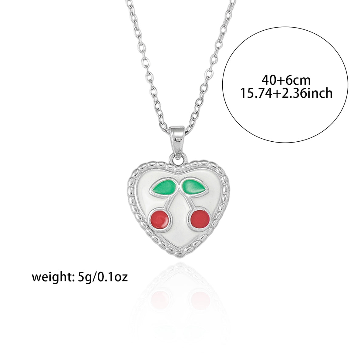 Silver-plated enamel cherry heart pendant necklace with red cherries and green leaves