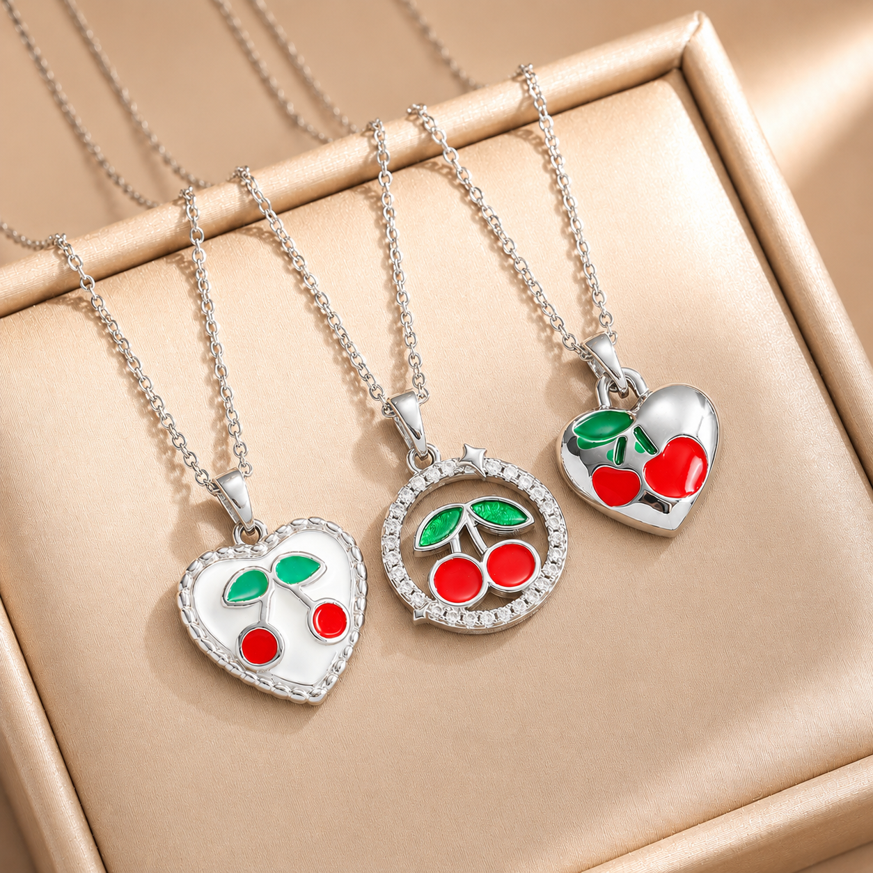 Three silver-plated enamel cherry pendant necklace styles displayed on a jewelry tray