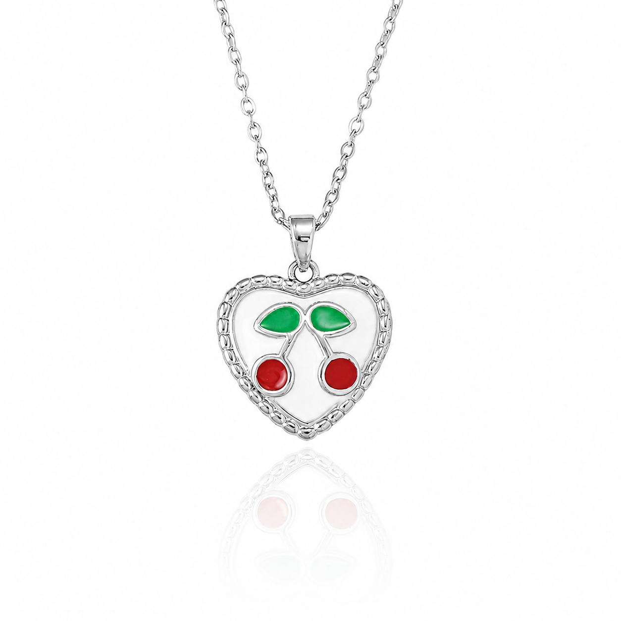 Silver-plated enamel cherry heart pendant necklace with red cherries and green leaves