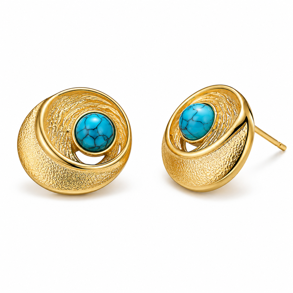 Vintage Round Turquoise Stud Earrings with 18K Gold Plated Copper Jewelry