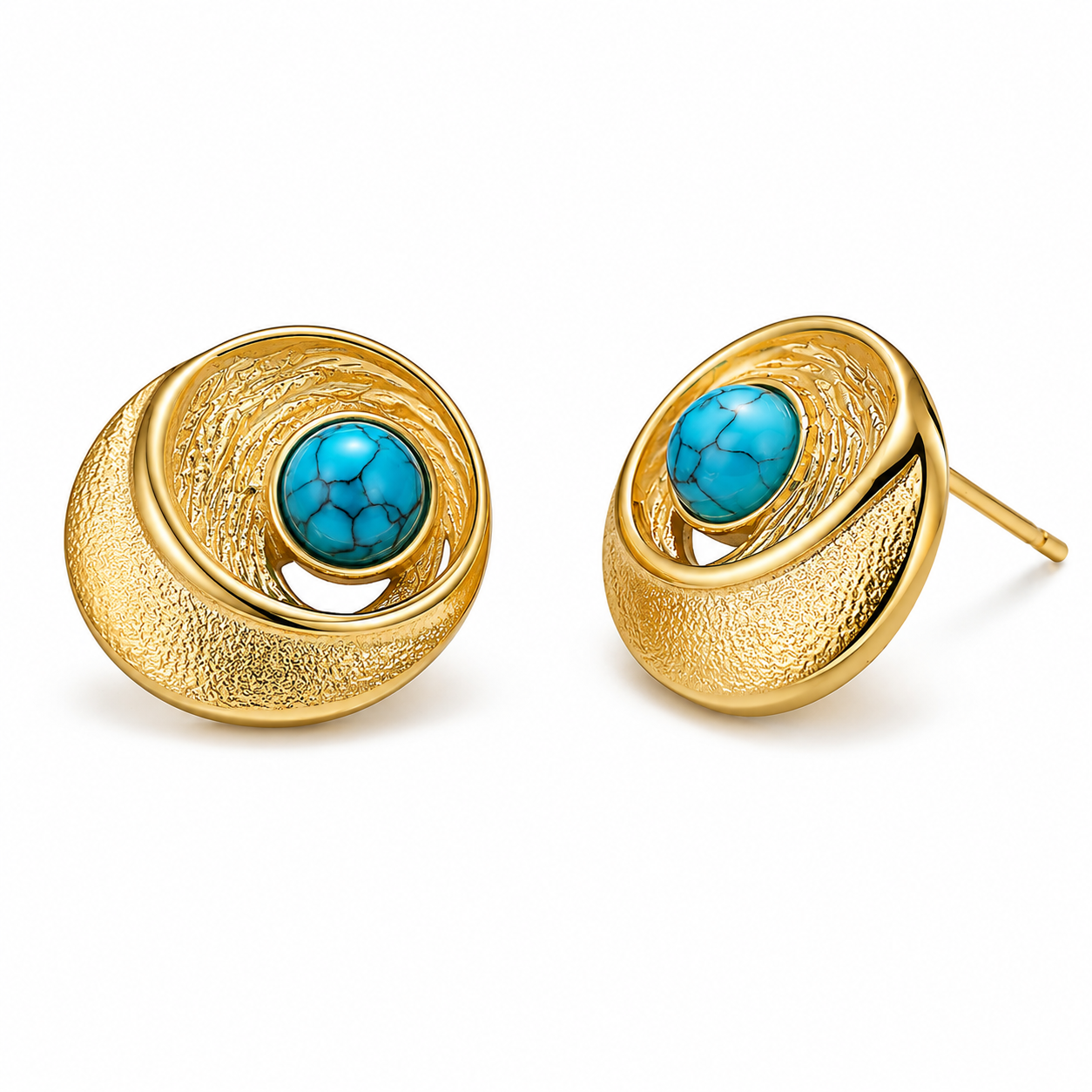 Vintage Round Turquoise Stud Earrings with 18K Gold Plated Copper Jewelry