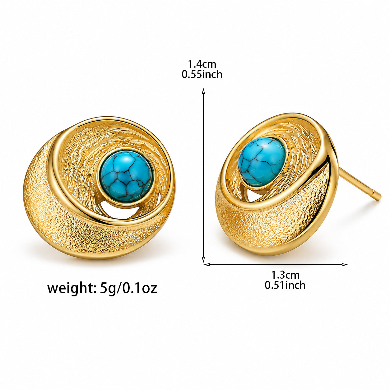 Vintage Round Turquoise Stud Earrings Size Details with Gold Plated Copper