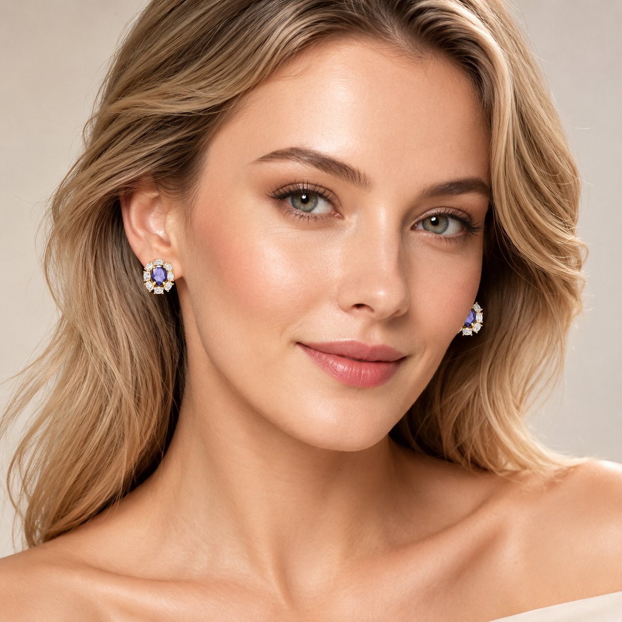 Woman wearing elegant purple halo zircon stud earrings