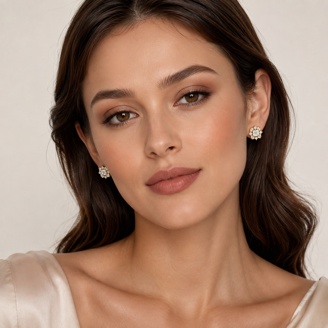 Woman wearing elegant rotating sunflower zircon stud earrings